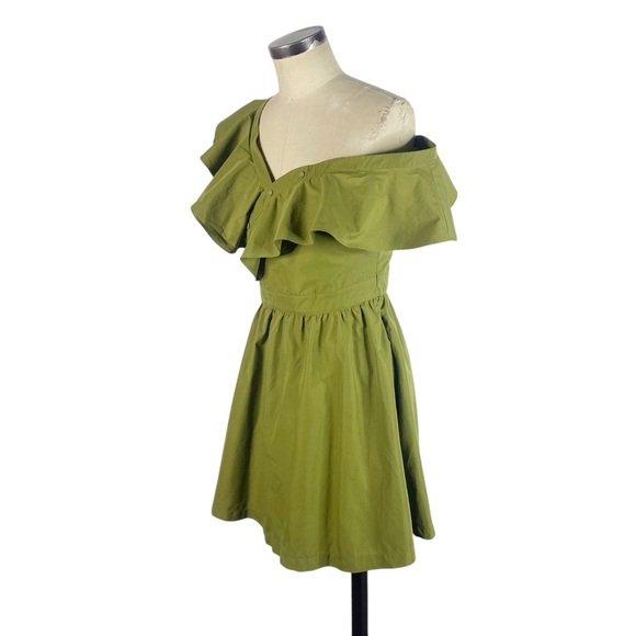 NEW JOA Off Shoulder Ruffle Dress Medium Olive Green BC5850 NWT - Picture 4 of 12